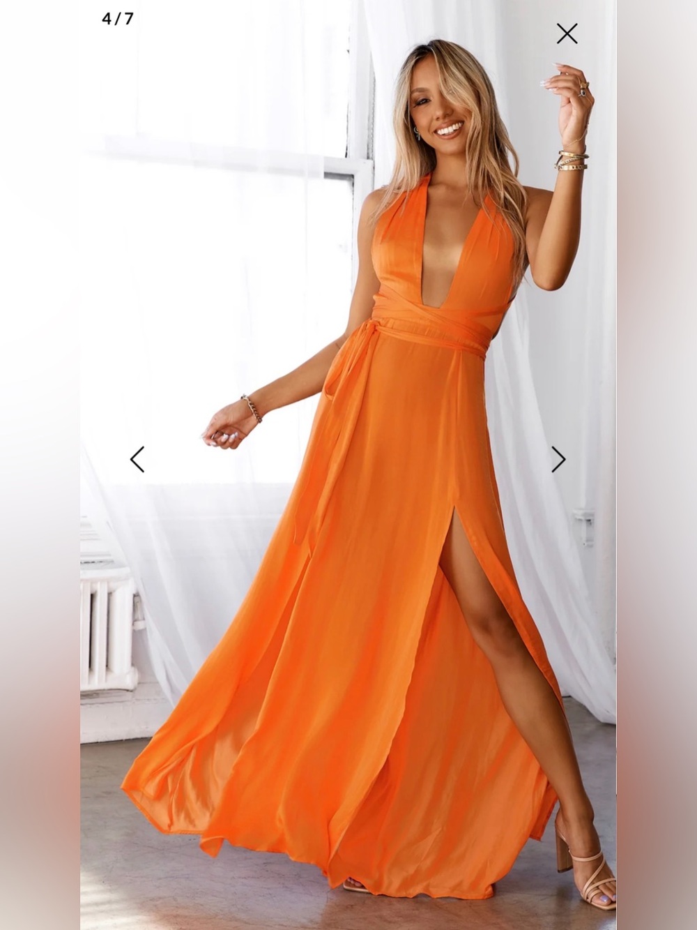 Hello Molly Bright Orange Halter Plunge Maxi Dress with Side Slit